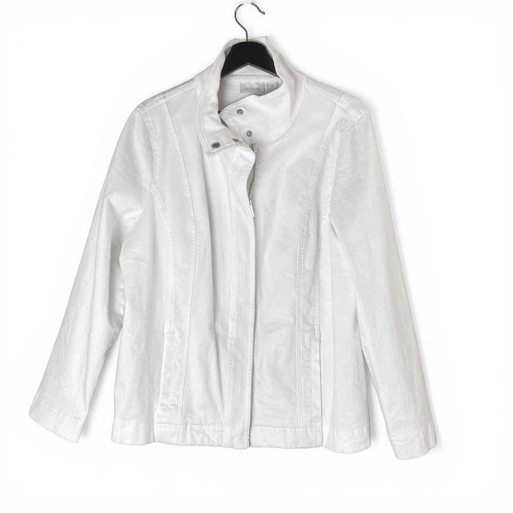 CHICO’S White Denim Jacket Stand Collar Front Zip Silver Snap Detail Size 3